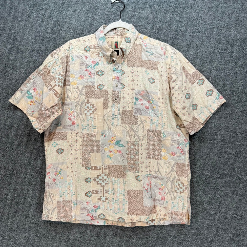 Tori Richard Honolulu Button Up Shirt Mens Large Beige Patchwork Floral Hawaiian